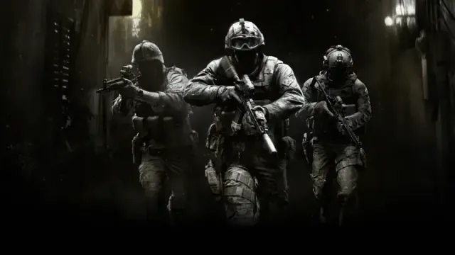 A squad of operators holding rifles inside a dim warehouse