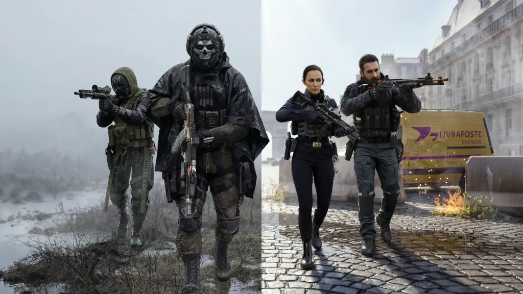 Four operators walking abreast in a line, each in a different kit