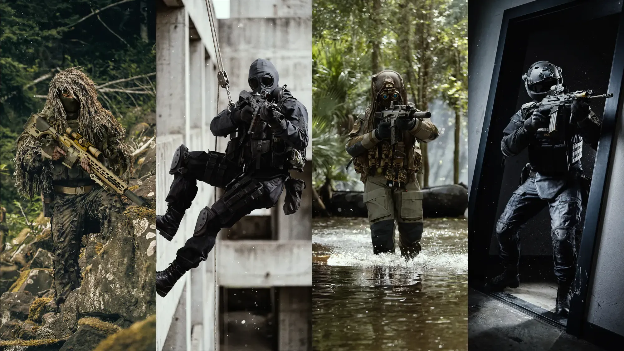 Four operators in contrasting red, blue, black and white gear standing in a row