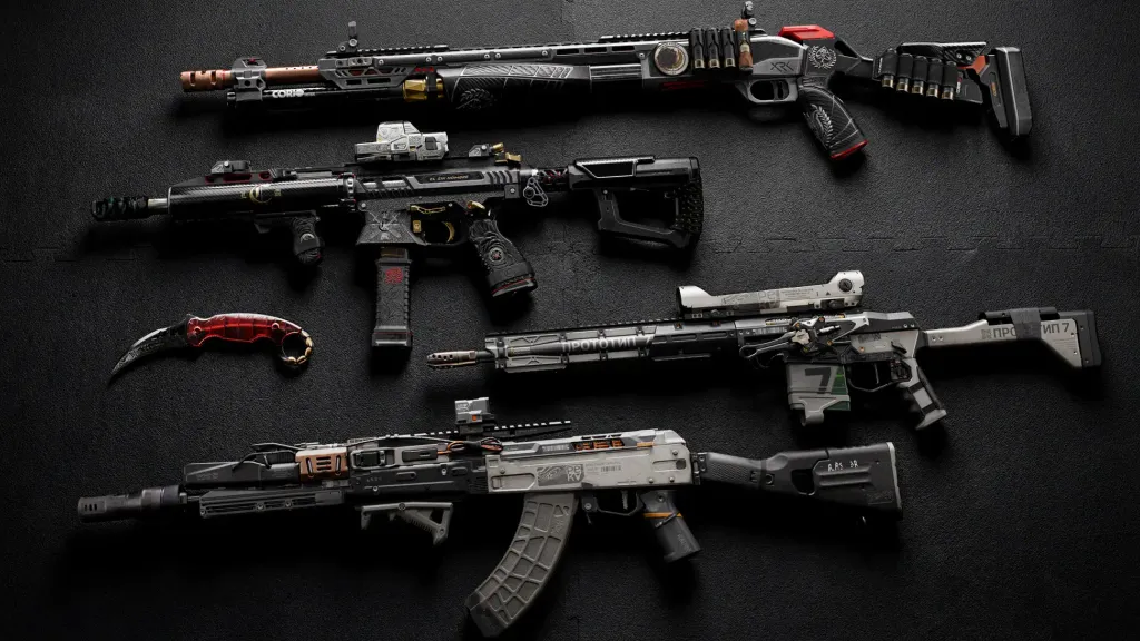 A wall of rifles and attachments laid out on a dark display board