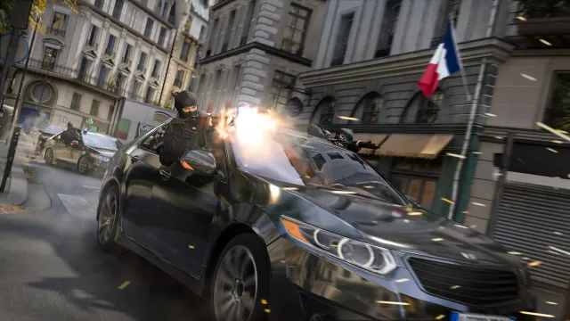 Two operators firing from a moving car in a city street during a Modern Warfare 4 multiplayer match