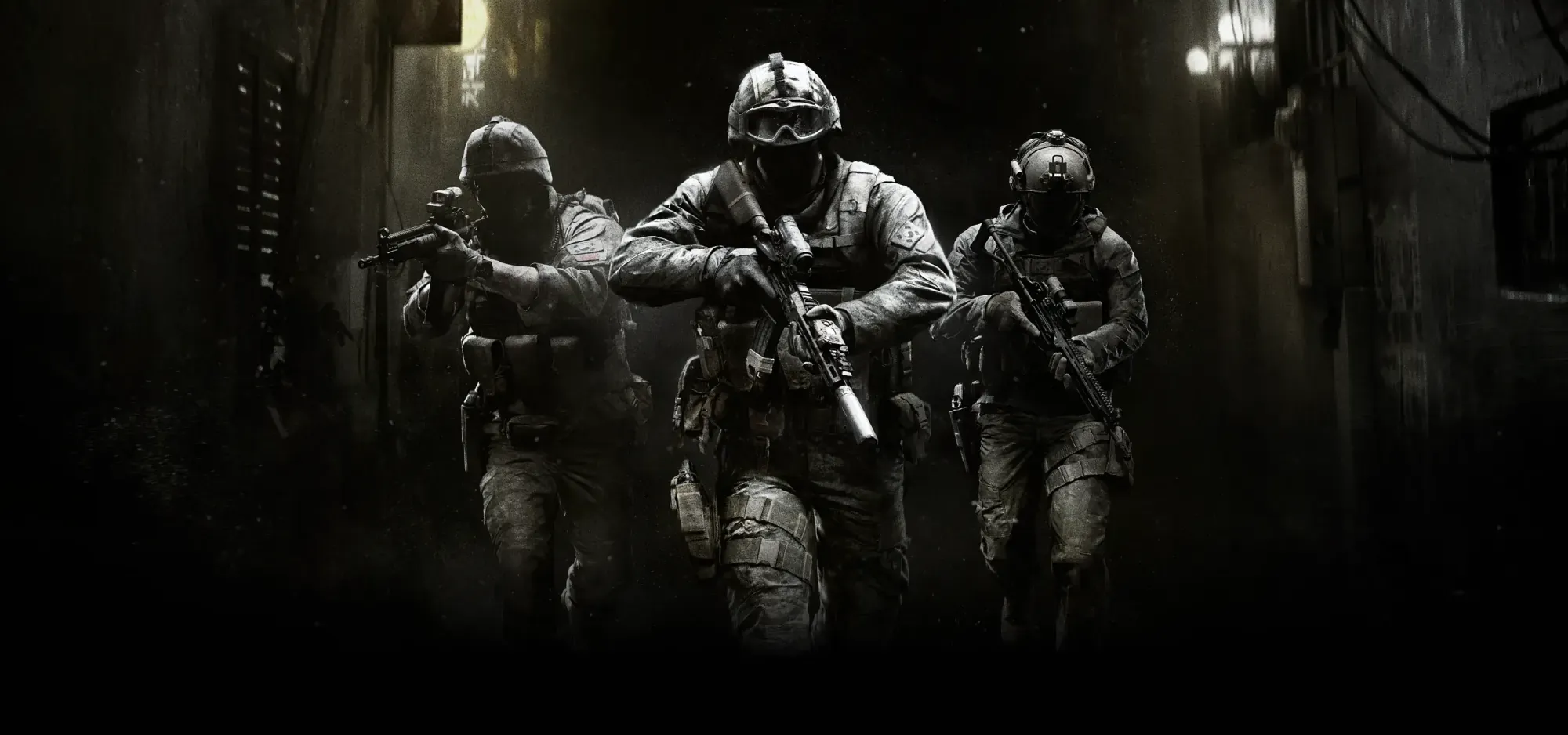 A squad of operators holding rifles inside a dim warehouse